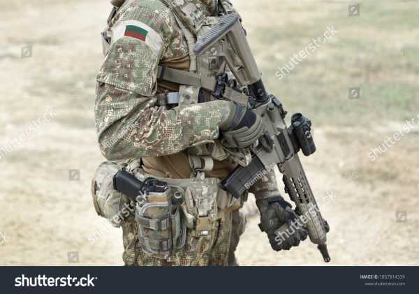 stock photo soldier with assault rifle and flag of bulgaria on military uniform collage 1857814339