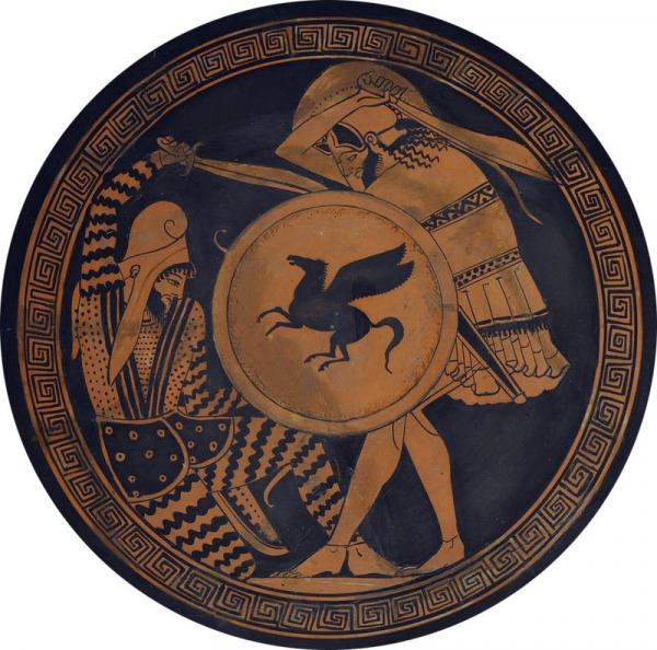 13 Греческий гоплит, сражающийся с персидским воином лучником. Оба вооружены кописами