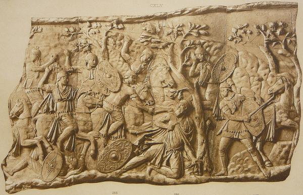 33 Самоубийство дакийского царя Децебала в изображении на колонне Траяна. В руках Децебала   сика