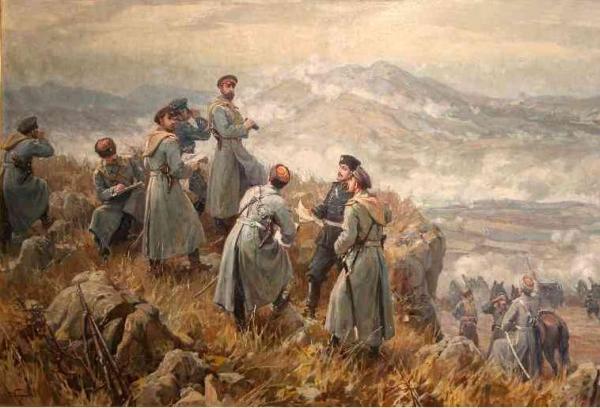 Alexander I of Bulgaria with his chiefs of staff observing the Battle of Dragoman, November 23, 1885. Serbian Bulgarian War, Bulgar