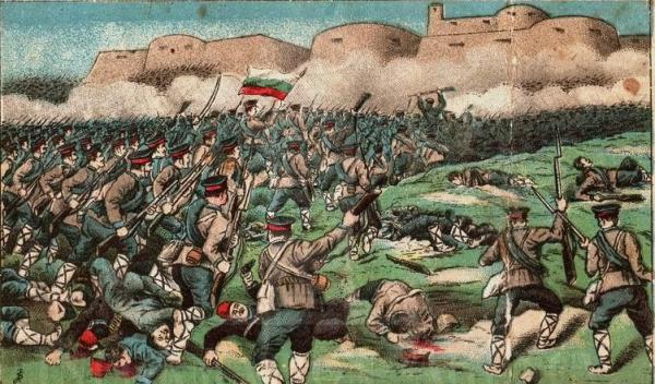 Bulgarian soldiers charging the Turkish defenses in the Battle of Kirk Kilisse