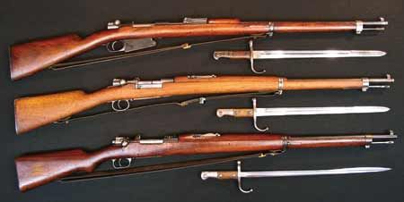 Turkish Mauser Infantry Rifles with sling and bayonet (from top to bottom). M1890, M1893, M1903