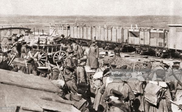 A Bulgarian transport arriving in Serbia, on the Eastern Front, during World War One