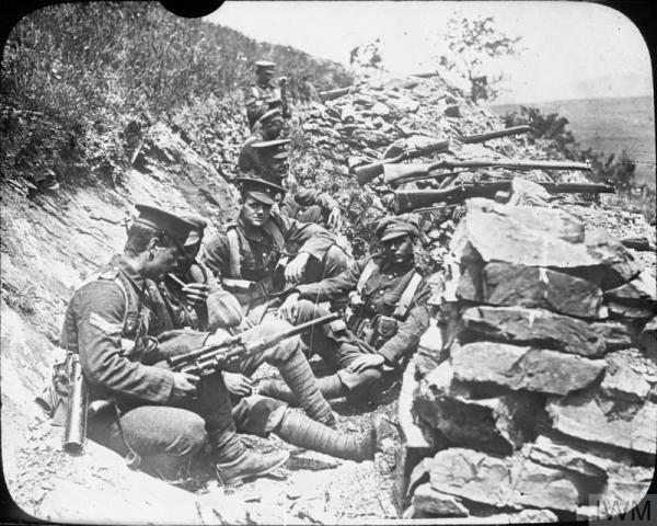 British troops in a trench in the hills on the Salonika Front during the First World War