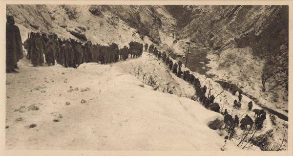 The retreat of the Serbian troops in the winter 1915 1916 across a snowy mountain in Albania to Adriatic coast