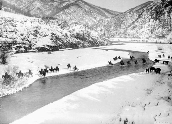 Serbian cavalry crossing the Black Drin River during the retreat to the Adriatic Sea Coast 1915