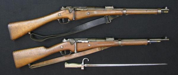The Berthier carbines illustrated are the Carabine de Cuirassier Modèle 1890 at top, and the Carabine de Gendarmerie Modèle 1890 shown at bottom
