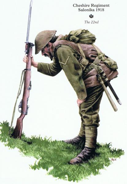 A soldier of 12th (Service) Battalion, Cheshire Regiment. Салоникский фронт ПМВ
