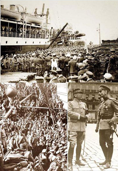  1 й Особой бригады в Марсель 20 апреля 1916 года. Солдаты на корабле. Перед кораблем «Латуш Тревилем» — русский полковой оркестр