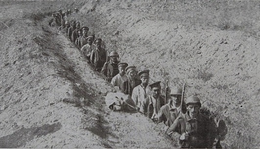 ILN Bulgarian Left Flank Greek soldiers escorting Bulgar prisoners along a trench